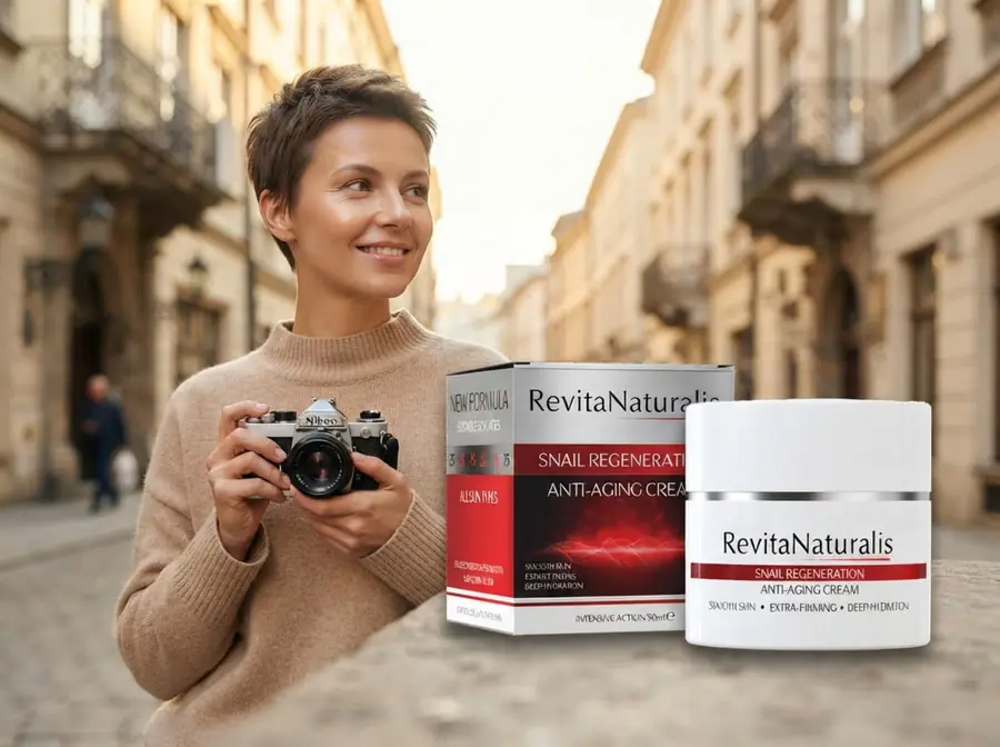 Kobieta ogląda swoją cerę w naturalnym świetle po nałożeniu kremu RevitaNaturalis, oceniając pierwsze wrażenia